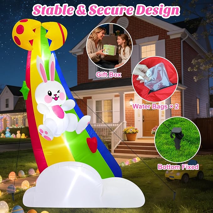 MICOCAH 6FT Tall Easter Inflatable Outdoor Decoration Cute Blow Up Bunny Sliding on Rainbow, Built-in LED Light Blowups Egg Yard Decor for Outside, Lawn, Patio, Garden, Spring, Holiday, Party