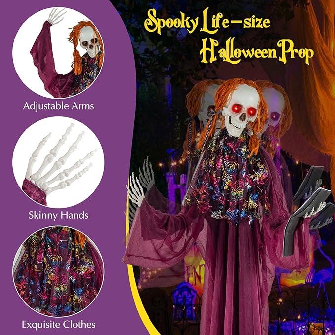 BECOMFORT 6 FT Halloween Animatronics, Sound-Activated Skeleton Girl with Book, Glowing Eyes, Howling Sounds, Moving Head & Posable Arms, Animated Halloween Props Decoration for Indoor & Outdoor