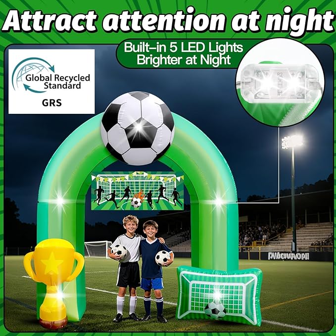 9 FT Giant Soccer Inflatable Arch for Soccer Birthday Party Decoration with “Goal” Banner 1 Blower and 5 LED Light for Soccer Field Club Team Coach Community Competition Outdoor Blow-up Decor