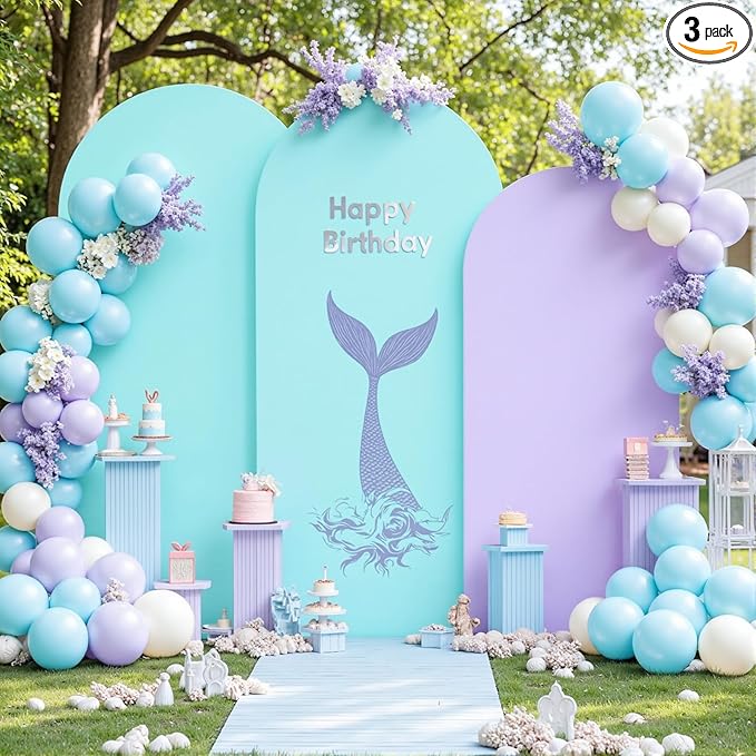 Blue and Purple Arch Cover 3 Set-6FT, 5FT, 4FT Arch Backdrop Cover Spandex Fitted 2- Color Fabric Stand Covers for Baby Shower Mermaid Theme Birthday Party Wedding Photo Background Decorations