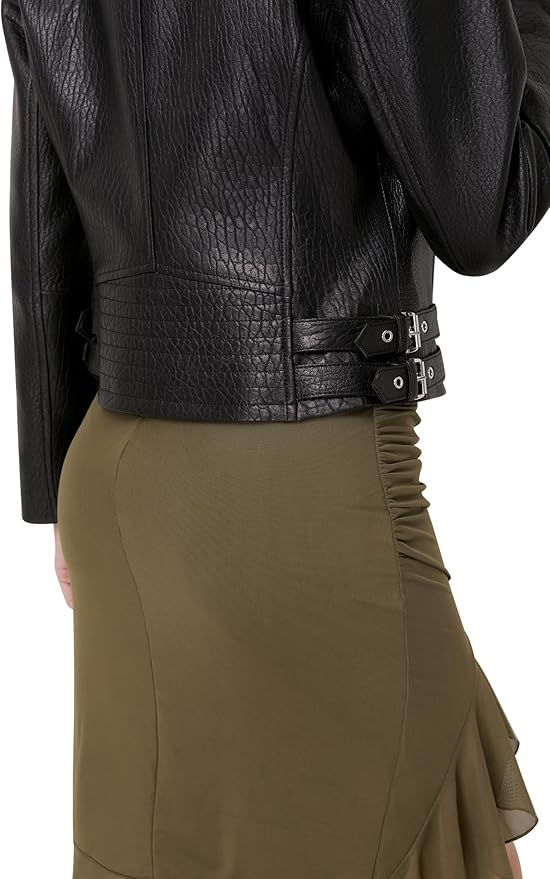 SILVER FASHIONS Lambskin Leather Jacket Women,Motorcycle Jacket,Asymmetrical Zip Style,Buckle Belts,Quilted Details