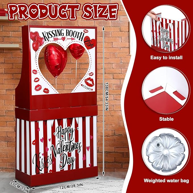 Valentine's Kissing Booth 54 x 28 in Valentines Photo Prop Kissing Booth Stand Cardboard Cutout Decorative Sign for Carnival Romantic Wedding Party Outdoor Decorations(Classic)