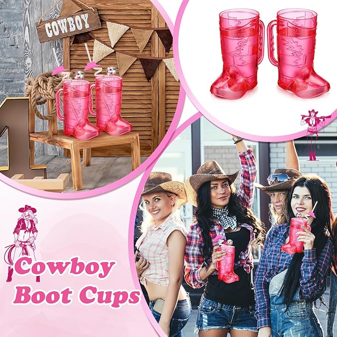36 Pcs Cowboy Boot Glasses Bulk, 12 Cowboy Drink Mugs 12 Cowgirl Hat Straws 12 Mirror Disco Ball Stirrers for Western Theme Party Bachelorette Birthday Decorations(Rose Red)