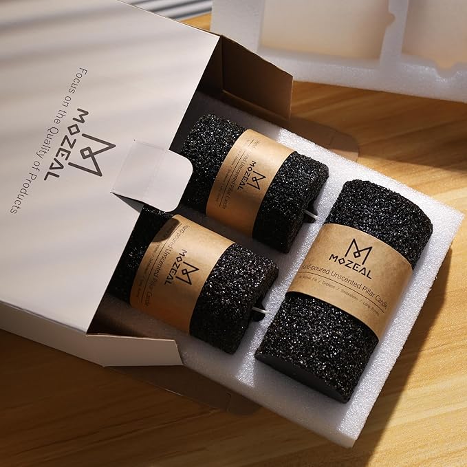 MOZEAL Hand-Poured Granular Texture Decorative Black Pillar Candles Set of 3 (3"x4", 5", 6"),Approx 300 Hours Burn Time Dripless, Unscented, Smokeless, for Halloween