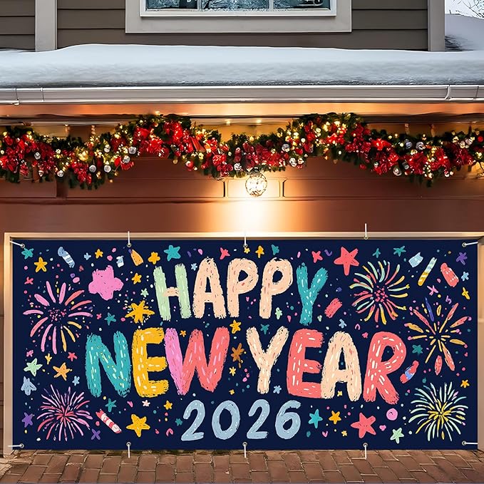 Happy New Year 2026 Garage Door Banner 7x16FT, Colorful Fireworks Garage Door Cover, Large Outdoor New Year Decoration Backdrop for Garage Doors, Fence, Yard, Holiday Party