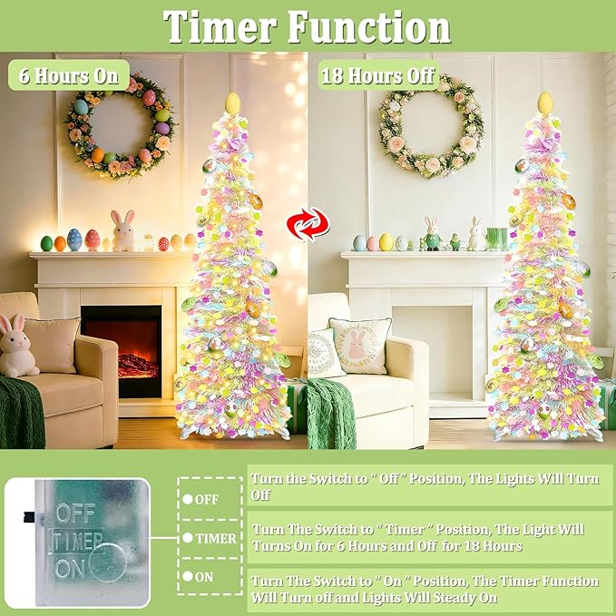 Timer - Easter Decorations, 5Ft Lighted Easter Tree with 50 LED Warm White Lights 12 Colorful Eggs Ornaments Battery Operated Easter Egg Tree Pop Up Tinsel Collapsible Tree for Home Porch Office Party