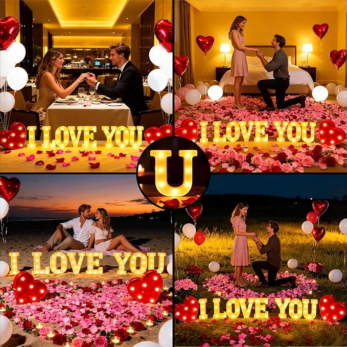 73 PCS I Love You Light Up Letters Set, with 30 Tea Lights Candles, Rose Petals, Round Pearlescent Balloon, Aluminum Balloons, Romantic Valentine's Day Wedding Engagement Birthday Party Decoration