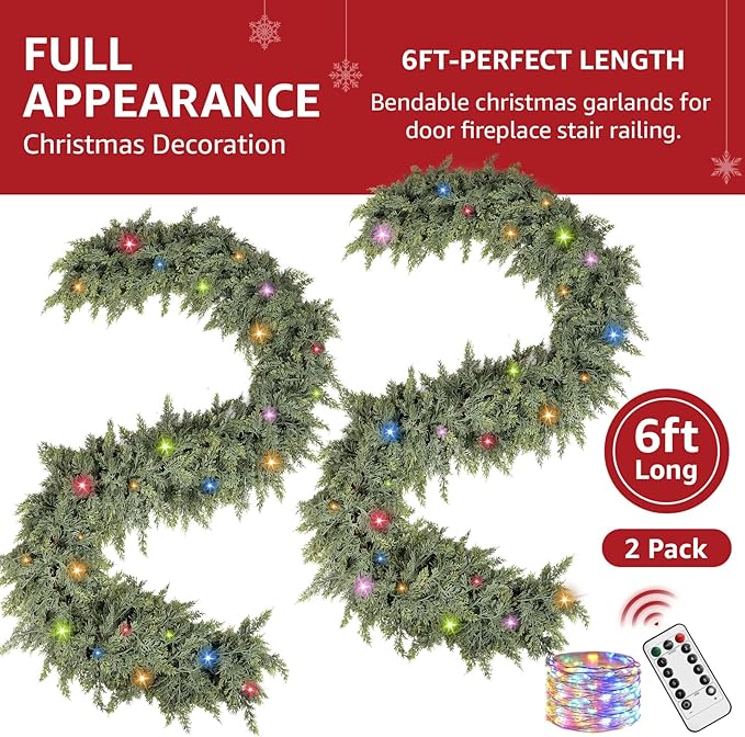 Cedar Christmas Garland with Lights for Mantle - 2 pack Decorations 6 ft Realistic Lighted Faux Pine Garlands for Xmas Home Decoration Indoor Stairs Railing Fireplace Outdoor Prelit Garland Door Decor