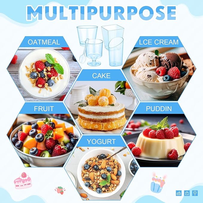 300 Pack Clear Blue Mini Dessert Cups with Spoons 5oz 3oz Plastic Square Slanted Parfait Appetizer Shooter Round Goblet for Dessert Table Birthday Party Ice Cream Pudding Mousse Yogurt