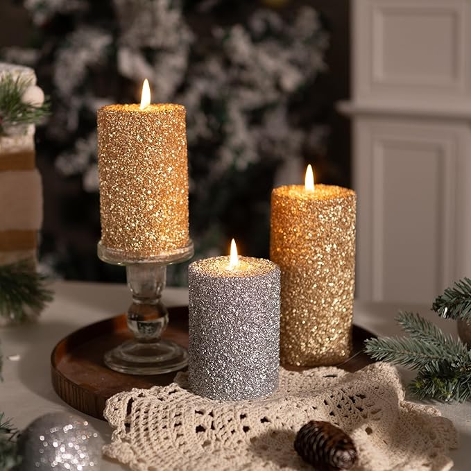 MOZEAL Hand-Poured Granular Texture Decorative Silver Pillar Candles Set of 3 (3"x4", 5", 6"), pprox 300 Hours Burn Time Dripless, Unscented, Smokeless, for Elegant Wedding, Luxury Party Décor