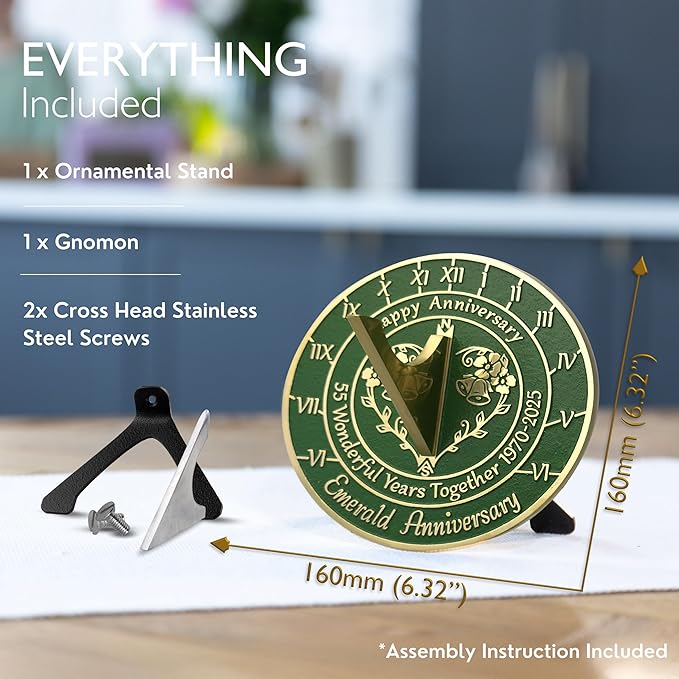 Anniversary Sundial Gift for 55th Emerald Wedding Anniversary in 2026 - Recycled Metal Home Decor Or Garden Present Idea - Handmade in UK for Him, Her Parents Or Couples 55 Year Celebration