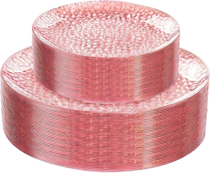 Rubtlamp 60PCS Pink Plastic Plates, Disposable Pink Plates with Hammered Design, Heavy Duty Plastic Platos Fancy Party Platos Include 30 Dessert Plate & 30 Dinner Plate for Bridal Wedding