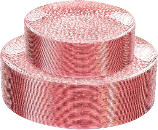 Rubtlamp 60PCS Pink Plastic Plates, Disposable Pink Plates with Hammered Design, Heavy Duty Plastic Platos Fancy Party Platos Include 30 Dessert Plate & 30 Dinner Plate for Bridal Wedding