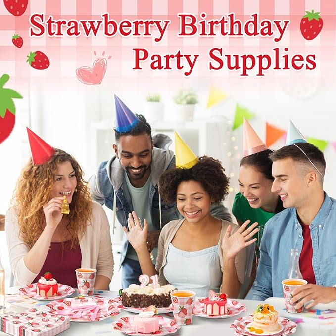 Pickmesh 400 Pcs Strawberry Birthday Party Plates and Napkin Decoration Summer Watercolor Fruit Tableware Cups Knives for Wedding Berry First Birthday Themed Baby Shower Party Supplies Serve 50