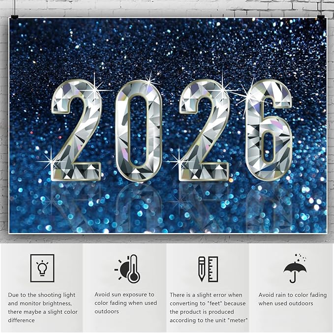 YongFoto 2026 Happy New Year Backdrop 8x6.5ft Diamond Sparkle Blue Photography Background Christmas Night Festival Carnival Celebration Party Banquet Decor Banner Photoshoot Wallpaper Photo Booth
