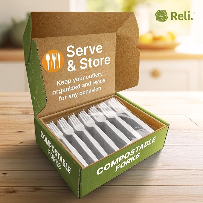 Reli. Compostable Forks (550 Pack) | Disposable Utensils Heavy Duty Forks | Compostable Utensils, Cutlery for Party, Events, Party Supplies | BPA Free, Cornstarch, Composting Flatware (White)