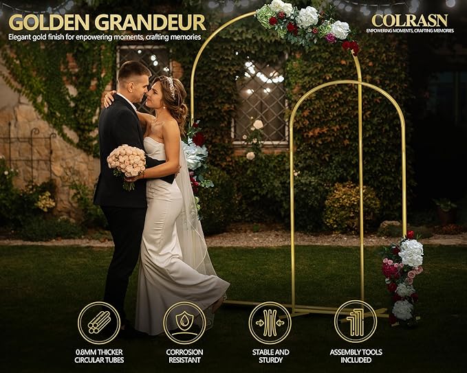 Gold Arch Backdrop Stand Set of 2 Metal Wedding Arch Stand 7.2FT & 6FT Balloon Backdrop Frame for Birthday Party Wedding Graduations, Holiday Ceremony - Ideal for Flowers and Garden Decor