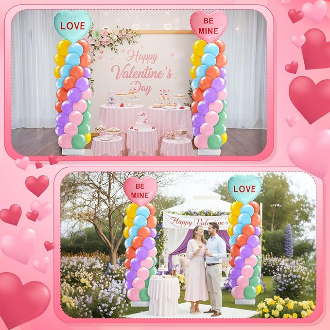 Kasyat 2 Set Valentines Day Balloon Column Stand Kit with 2 Candy Pastel Heart Love Foil Balloons, Valentines Day Arch Garland Stands for Valentine's Wedding Anniversary Party Supplies Decoration