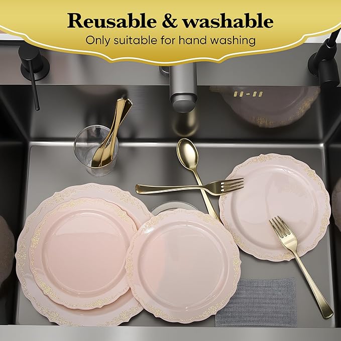 350 PCS Pink Disposable Plates, Elegant Dinnerware Set for 50 Guests, 100 Plastic Plates, 150 Silverware, 50 Cups & 50 Paper Napkins, Pink
