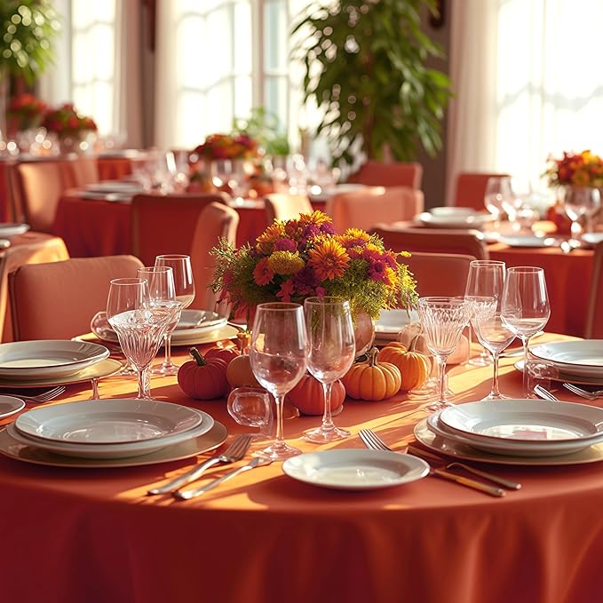 sancua Thanksgiving Round Tablecloth 132 Inch Diameter, 6 Pack Rust Circle Polyester Fabric Fall Table Cloth for Holiday Party Reception, Washable Burnt Orange Table Cover (Fit 54-96 Inch Tables)
