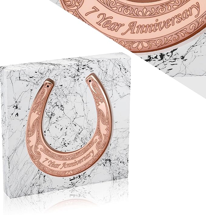 Copper Horseshoe with Wooden Stand - 7 Year Anniversary, Lucky Copper Decor, 7th Anniversary Keepsake for Him, Her or Couple, Symbol of Strength and Love