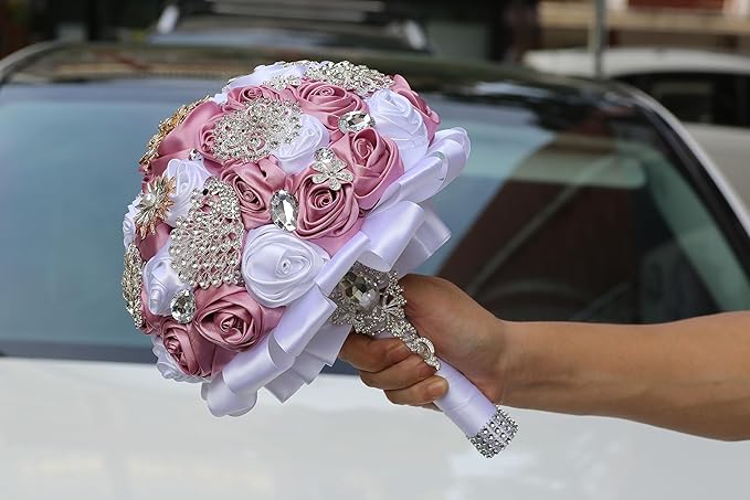 Handmade Wedding Bouquets for Bride Bridesmaid Brooch Bouquet Artificial Holding Flower Tossing Bouquet for Wedding Ceremony Anniversary(Light Purple/White=22cm)