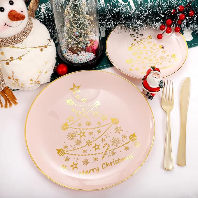 LIYH 150 Pcs Christmas Dinnerware Set Disposable - Pink and Gold Plastic Christmas Plates - Gold Tree Design, Plastic Silverware,Cups for 25 Guests for Xmas Day