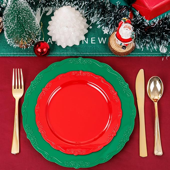 U-QE 100Pcs Christmas Plastic Plates - Green and Red Plate Disposable for Party, Plastic Christmas Plates Disposable Include 50 Red Dessert Plate, 50 Green Dinner Plate Suite for Party