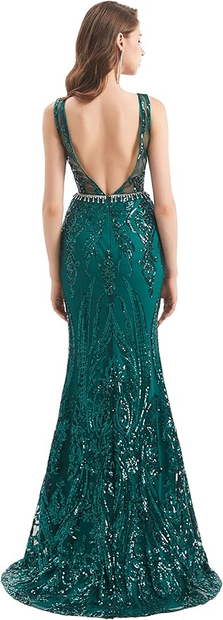 Women's Double V-Neck Sequins Lace-up Mermaid Evening Dress