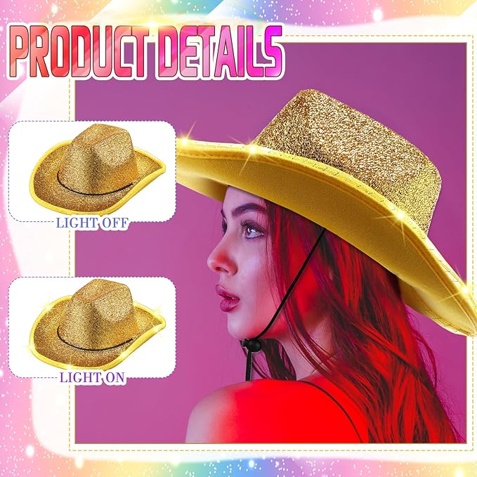 Kigeli 10 Pcs Lights LED Cowboy Cowgirl Hat LED Flashing Hat Cowgirl Hat for Western Cowboy Role Play(Silver,Sequin)