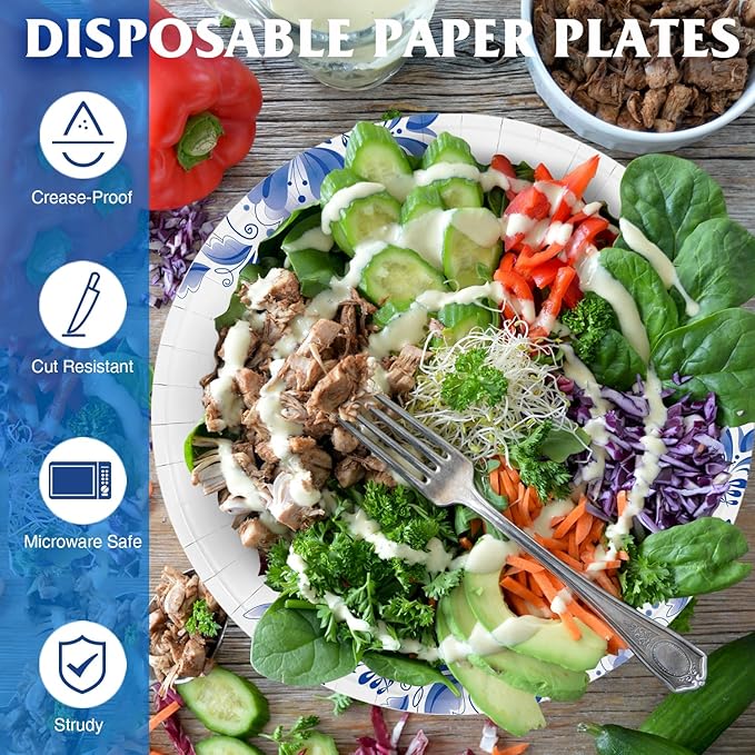 Charmount 10 Inch Large Blue Paper Plates, 300pcs Disposable Plates for Parties and Daily Use, Soak Proof, Cut Proof, Flower Printed