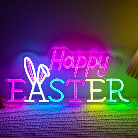 Happy Easter Neon Sign, Dimmable Led Sign Bunny Wall Decor, Easter Decorations for Home Window Living Room Party Spring Décor