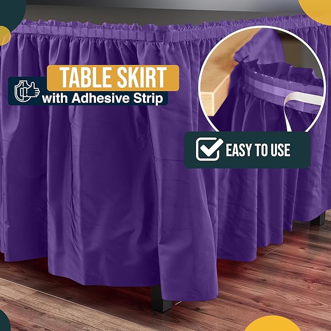 Exquisite Ruffle Table Skirt Purple 12 Pack 14 Ft Long Table Skirts for Rectangle Tables 6ft Plus or Round Tables Skirts with Adhesive Strip for Gender Reveal Decor & Happy Birthday Parties