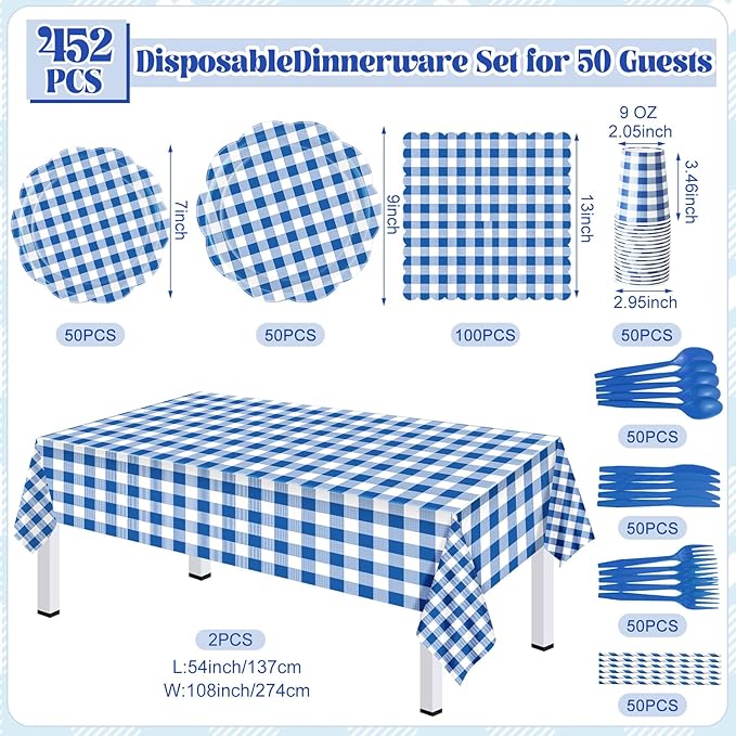 452 Pcs Blue Gingham Party Supplies for 50, Dark Blue and White Gingham Checkered Paper Plates Napkins Cups Tablecloth Cutlery Straws for Birthday Family Picnic Barbecue Party Decoration