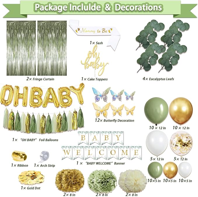 372 Pcs Sage Green Baby Shower Decorations, Neutral Baby Shower Decor Supplies- Disposable Dinnerware Set With Eucalyptus Leaf (50 Guest), "OH BABY" Banner, Balloon, Sash, Cake Topper