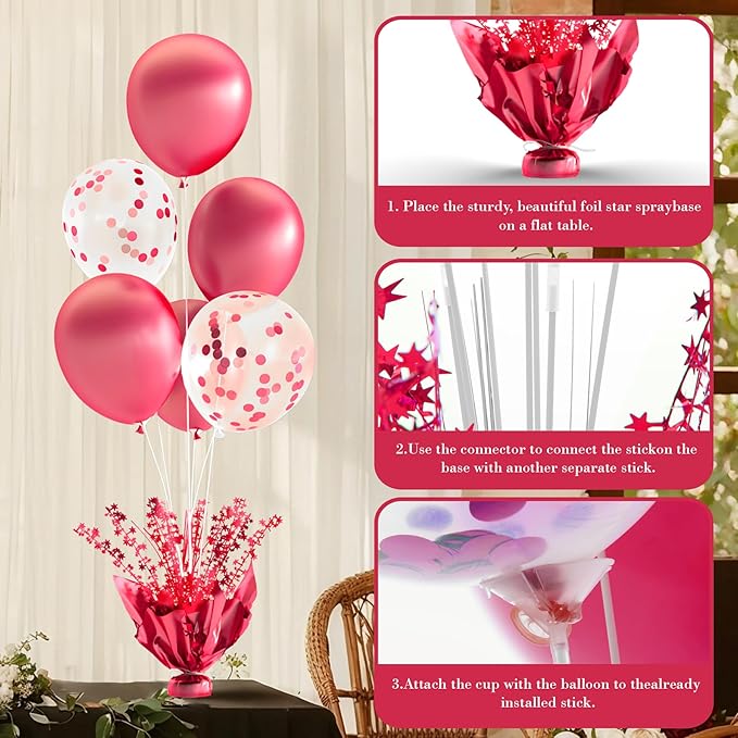 6 Set Hot Pink Table Balloons Foil Spray Centerpiece with Hot Pink and Confetti Balloons Stand Kit for Birthday Party Graduation Baby Shower Wedding Bridal Shower Prom Table Decorations