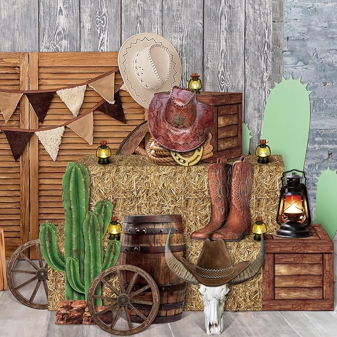 16 Pcs Western Cowboy Party Decorations 6 Hay Bales Boxes Wooden Print Boxes Wagon Wheels and Western Cowboy Centerpieces Decor for Photo Booth Props Farm Cowgirl Birthday Party