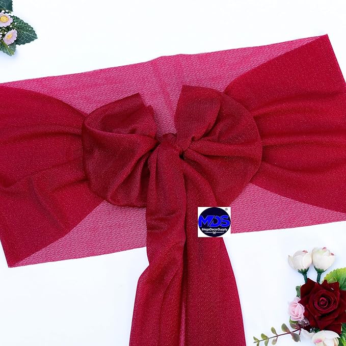 VDS Pack of 25, Apple Red, Sheer Chiffon Chair Sashes Bows Chair Cover Back Tie Ribbon for Wedding Birthday Baby Shower Engagement Ceremony Event Party Banquet Restaurant Dining Chair Decoration