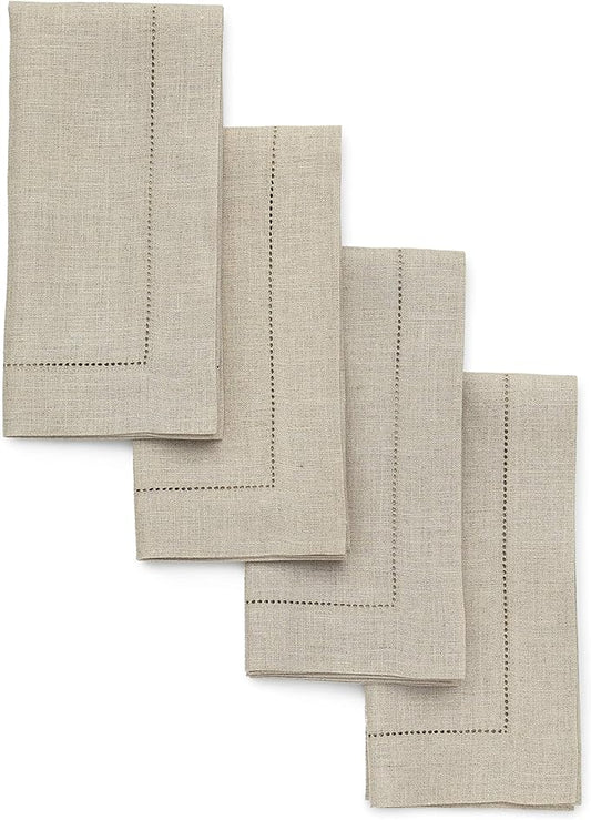Solino Home Natural Linen Napkins Set of 4-100% Pure Linen Hemstitch Dinner Napkins 20 x 20 Inch for Spring, Easter - Classic Hemstitch
