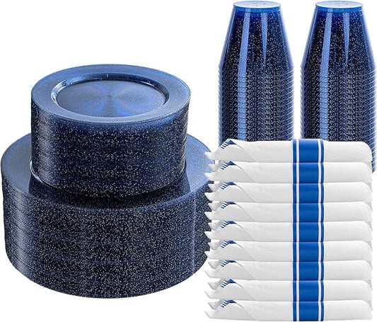 DaYammi 210PCS Cobalt Blue Glitter Plastic Dinnerware Set for 30 Guests, Fancy Disposable Plates for Party, Include: 30 Dinner Plates, 30 Dessert Plates, 30 Pre Rolled Napkins with Silverware, 30 Cups