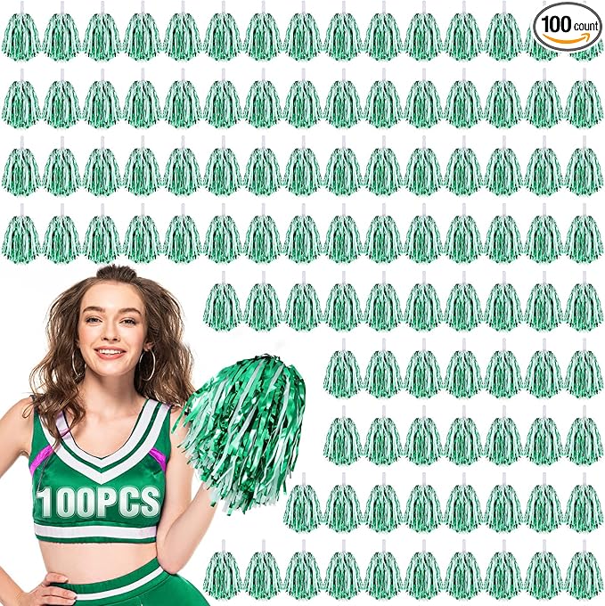 Hanaive 100Pcs Metallic Cheerleading Pom Poms with Baton Handle Cheerleader Pompom Foil 30g Cheering Squad Hand Flowers for Adults Team Spirit Sports Party Cheering