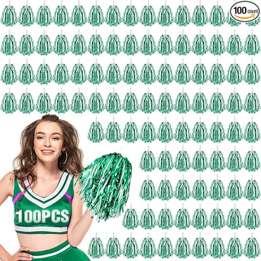 Hanaive 100Pcs Metallic Cheerleading Pom Poms with Baton Handle Cheerleader Pompom Foil 30g Cheering Squad Hand Flowers for Adults Team Spirit Sports Party Cheering