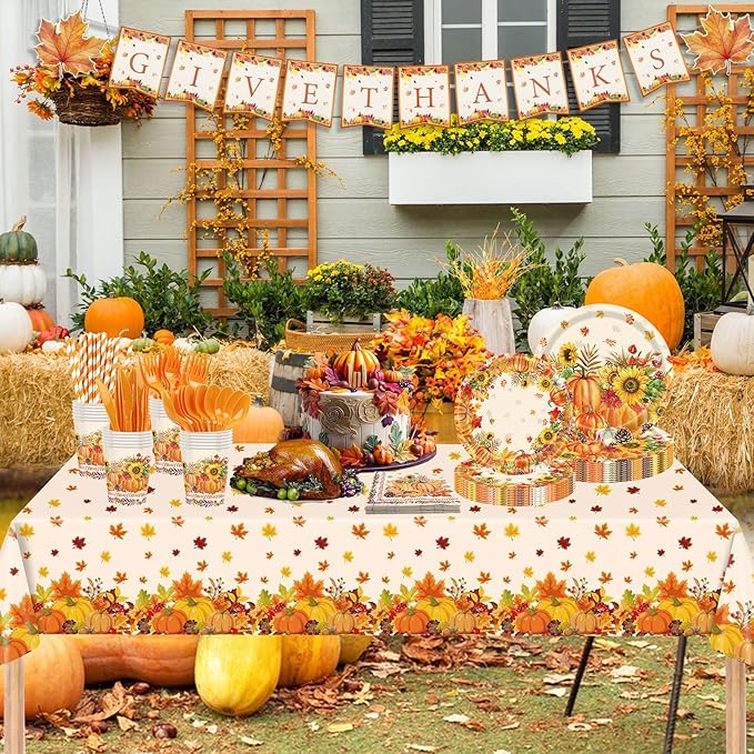 194Pcs Thanksgiving Disposable Dinnerware Tableware,Thanksgiving Paper Plates and Napkins Sets-Fall Thanksgivings Party Supplies with Tablecloth & Banner & Cups for Fall Party Decor, Serves 24