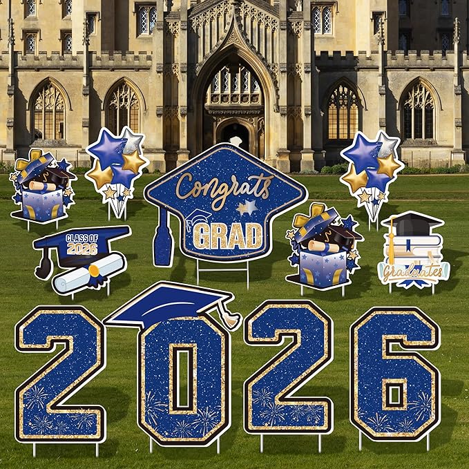 Large 11 PCS Graduation Yard Signs, Class of 2026 Congrats Grad Outdoor Lawn Yard Sign with Stakes, Graduate Yard Decorations for College High School Party, Blue and Gold