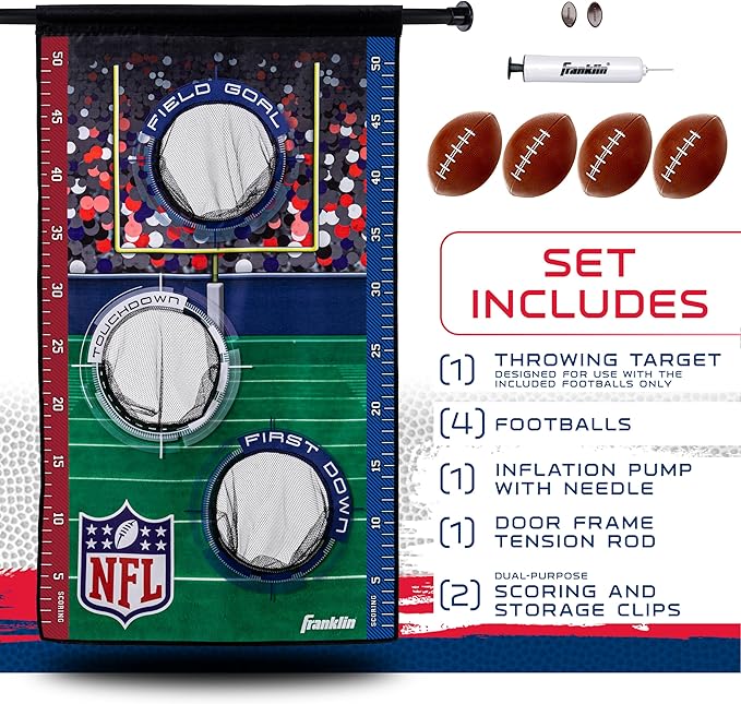 Franklin Sports NFL Mini Football Toss Target Game - NFL Door Jam Football Over The Door Target + (4) Mini Balls Set - 3 Hole Throwing Game for All Ages - Practice Passing + Aim