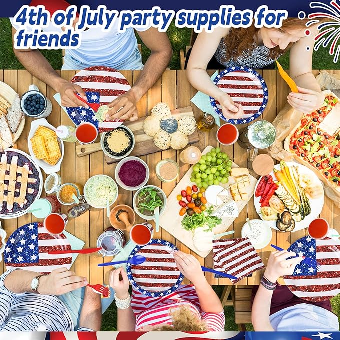 400 Pcs American Flag Patriotic Party Supplies Red White Blue Disposable Paper Plates Napkins and Cups Veterans Election Tableware for Independence 4th of July Labor Memorial Day(Glitter)