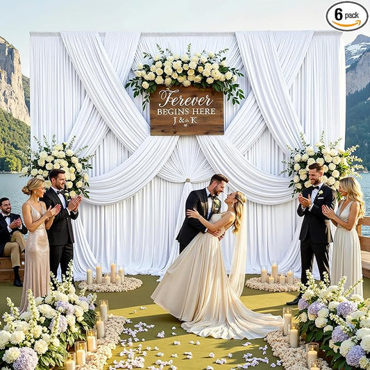 gogoparti 30x12ft White Backdrop Curtain for Wedding Parties, 6 Panels (5x12 ft Each) Wrinkle-Free Dackdrop Curtains, Silky Draping Fabric for Birthday Party, Baby Shower, Photo Background