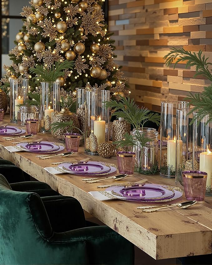 Nervure 350PCS Purple Plastic Plates - Disposable Purple Gold Party Plates & Pre Rolled Napkins with Cutlery for 50 Guests, 100Plates, 150 Silverware, 50 Cups, 50 Napkin for Wedding & Party & Bridal