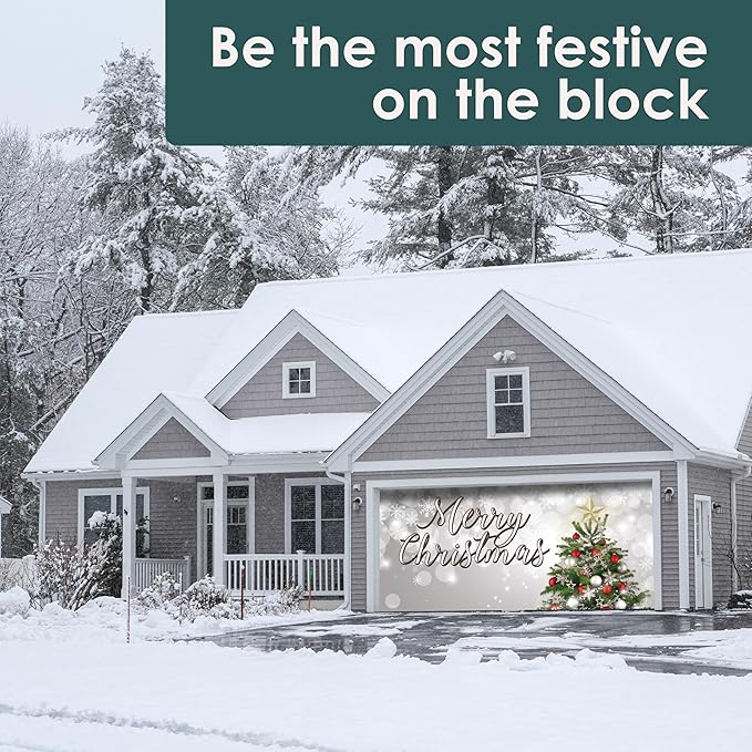7' x 16' Joyful Merry Christmas Tree Garage Door Banner - Designed to Move with Door | Festive Holiday Cheer Double Garage Door Decoration