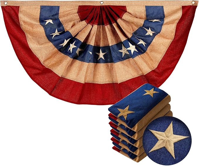 G128-5 Pack: USA Tea Stained Pleated Fan Flag 3x6FT Burlap Embroidered Polyester Stars and Stripes